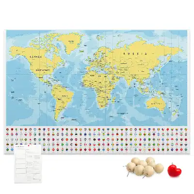 Korková tabule Mapa světa a vlajky