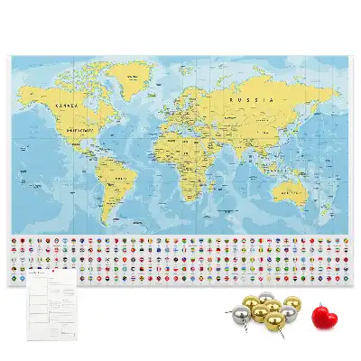 Korková tabule Mapa světa a vlajky