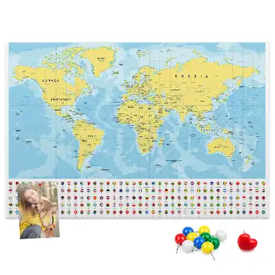 Korková tabule Mapa světa a vlajky