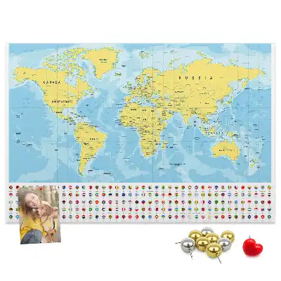 Korková tabule Mapa světa a vlajky