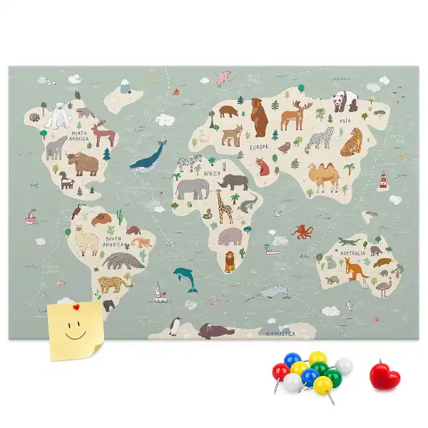 Nástěnka korková Mapa světa se zvířaty