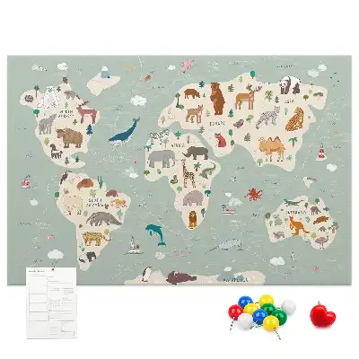 Nástěnka korková Mapa světa se zvířaty