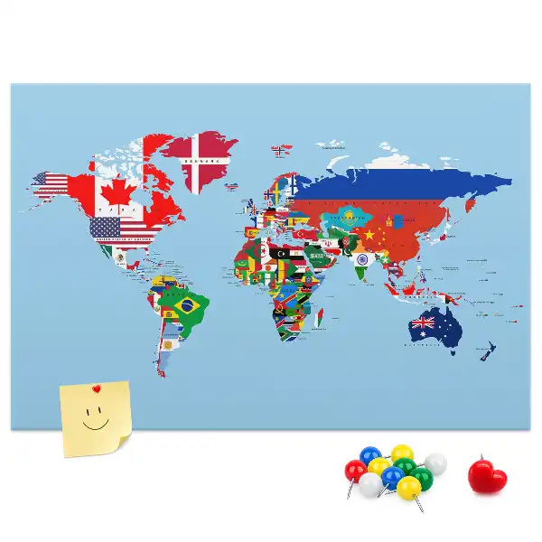 Korková nástěnka Mapa světa s vlajkami