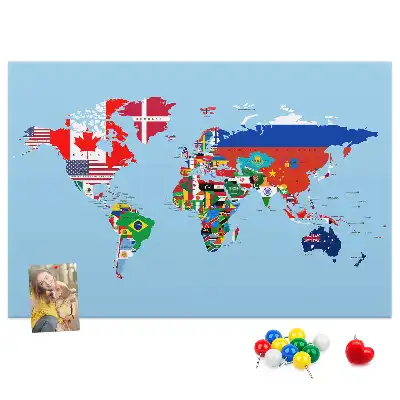 Korková nástěnka Mapa světa s vlajkami